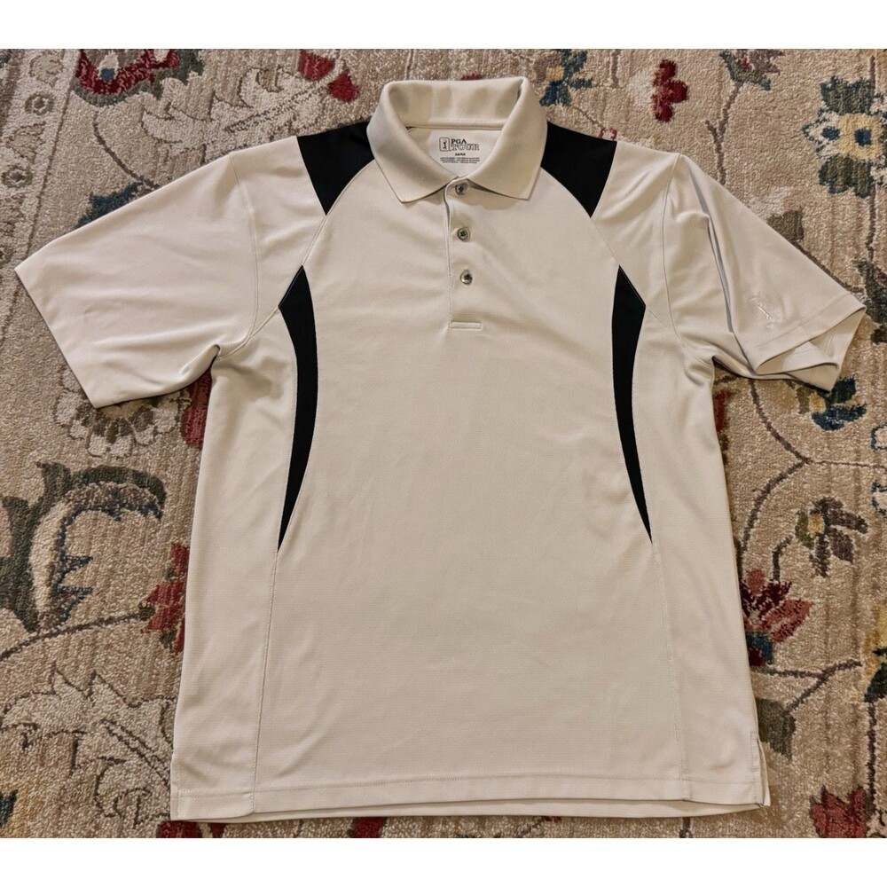 PGA Tour Golf Polo Shirt Mens M Beige Black Colorblock Short Sleeves Stretch